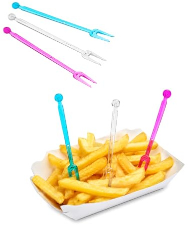 Paluplus 3000 Forchettine a 2 punte RIUTILIZZABILI, lunghezza 8,5 cm, forchette da Aperitivo per alimenti, Finger Food, Stuzzichini, colori misti Trasparente, Lilla e Celeste -NFC