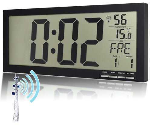 Crosstime Große Digital Wanduhr für Senioren – Funkuhr mit Datum, Wochentag & Temperatur, Leicht Ablesbar, Schwarz, 37 x 16 cm