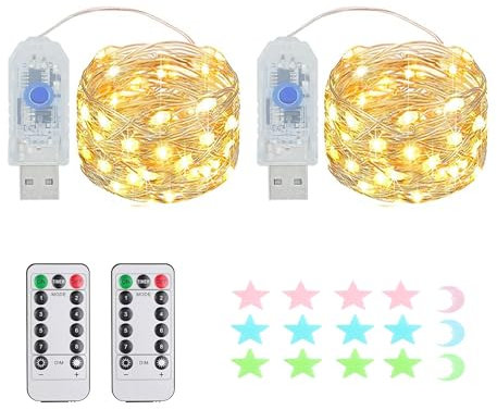 MUXIJIA Guirlande lumineuse LED, 50 LEDs, fonction minuterie, 8 modes Guirlandes USB Extérieur/Intérieur étanche avec télécommande pour chambre, cour, mariage, Noël, bricolage, etc. (blanc chaud)