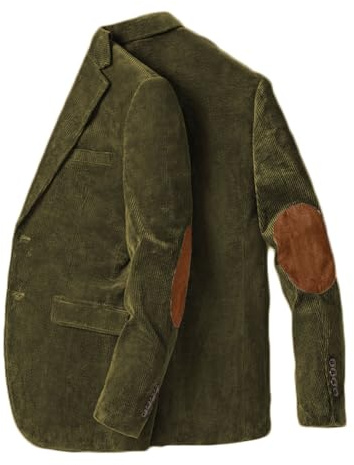 Stillluxury Giacca blazer con toppa al gomito per uomo monopetto in velluto a coste casual cappotto sportivo con risvolto tacca smoking da sposa, Verde oliva, L