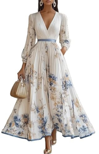 Minetom Donna Vestiti Lunghi da Matrimonio Collo V Vestito A Pieghe Stampa Floreale Chiffon Abito Maxi Damigella Sera Cerimonia B Bianco M