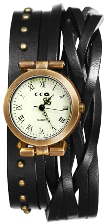 Lancardo Montre à quartz vintage pour femme : bracelet en cuir superposé, chiffres romains, style punk, double enroulement