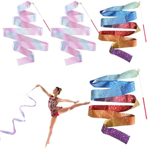 VEOIRXU 4 Pezzi Nastri da Ballo 2m Nastro da Ginnastica Ritmica con Bacchetta Ginnastica Glitterati Nastri da Danza per Talentshow Allenamento Artistico di Danza(Colorato+Rosa Viola)