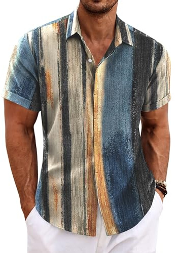 COOFANDY Shirts for Men Short Sleeve Hawaiian Lightweight Summer Beach Holiday Shirt Painting L