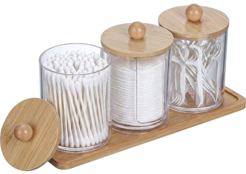 Romon Dispensador Discos Algodón, Juego de 3 Unidades Transparentes con Bandeja, 2 Contenedores Redondos + 1 Forma U, Tapas de Bambú, Organizador para Baño