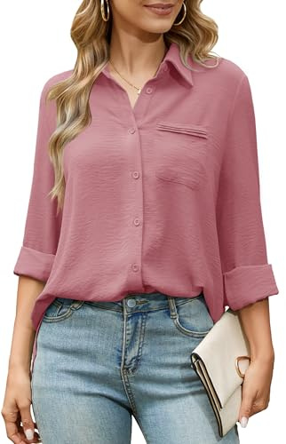 Odosalii Women's Blouses Smart Casual Pink Blouse Flowy Soft Linen Top