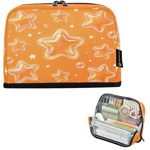 Loancwa Orange drömmande stjärnkarta stående pennfodral, 8,3 × 1,96 × 5,9 tum, 100 % polyester Oxford, vikbar magnetisk bas, flera fack för skola kontorsresor, 3+ ålder