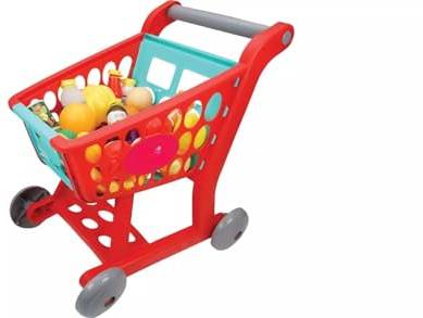 Shopping Trolley Playset with Pretend Food Accessories, Kids Role Play Supermarket Cart Toy, Grocery Shopping Basket on Wheels, Imaginative Play Toy for Children