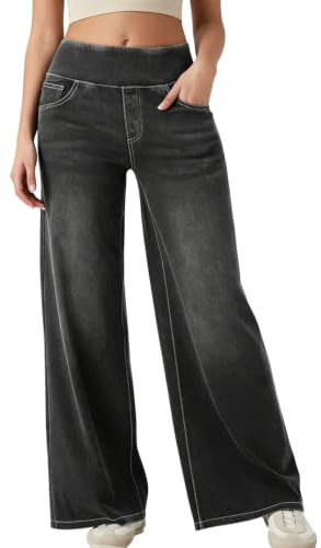 Generiska stretchjeans med hög midja med magkontroll och fickor, grå, XXL | Elastiska pull-on-jeans i bred benstil med hög linning, formande effekt och praktiska fickor för komfort i vardagen