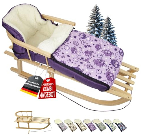 BambiniWelt Kombi-erbjudande träsläde med ryggstöd och draglina universell vinter fotväska (108 cm), passar även för barnskål, barnvagn, buggy, av ull i uggledesign (uggla $6)