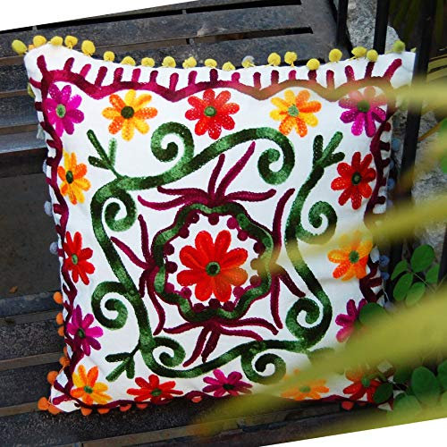 Traditional Jaipur Cojín bohemio Suzani, funda de cojín bordada de 16 x 16 pulgadas, funda de almohada decorativa, cojines indios con pompones para exteriores, fundas de almohada bohemias