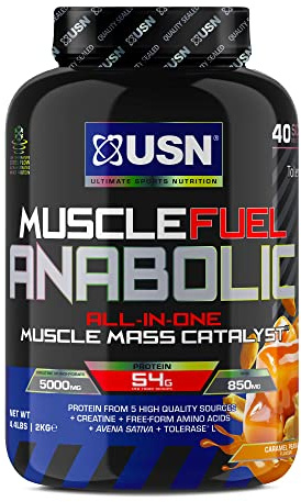 USN Muscle Fuel Anabolic Caramel Peanut 2KG, Workout Boosting All in One Muscle Gain Protein Shake Powder