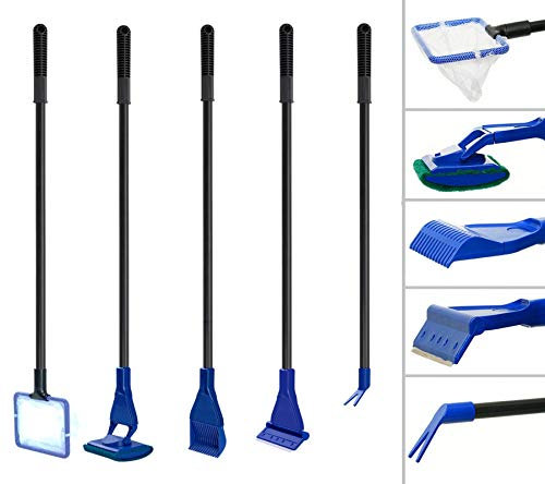 Fish Tank Cleaning Kit,5 in 1 Aquarium Glass Tank Cleaner Set with Fish Net, Gravel Rake, Plant Fork, Algae Remover Scraper, Sponge Brush, Handle, Connector, Tropical Fish Tank Clean Accessories Tools
