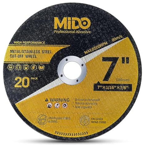 MIDO PROFESSIONAL ABRASIVE 20 Pack Cut Off Wheels 7 Inch Cutting Wheel 7”x1/16”x7/8” Metal&Stainless Steel Cutting Disc Fit for Angle Grinder