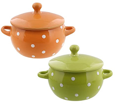 Servette Home Suppenschalen mit Griffen und Deckel, Keramik, gepunktet, 2 Stück, orange-grün