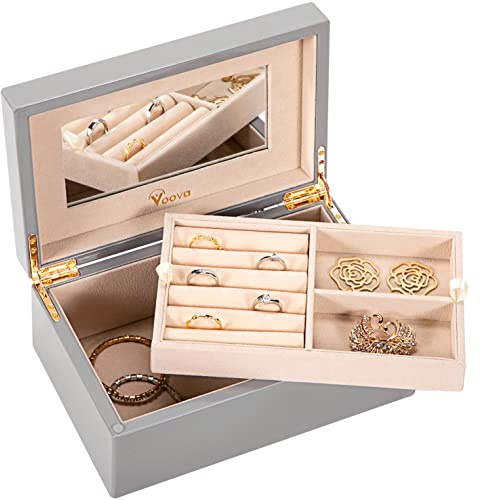 Voova Wooden Jewelry Box Organiser for Women Girls, Deluxe Piano Paint Jewelry Storage Case with Mirror, 2 Layer Jewellery Display Holder with Removable Tray for Earrings Rings Bracelets, Grey