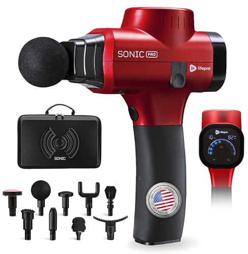 Lifepro Sonic Pro Handheld Electric Massage Gun – Deep Tissue Percussion Massager Gun with 10 Speeds & 9 Heads – Muscle Massager for Athletes Back, Legs, Arms