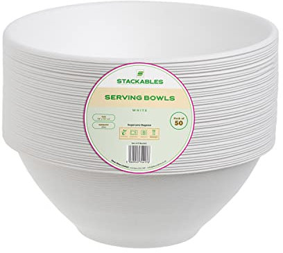 STACKABLES ~ Confezione da 50 ciotole usa e getta ~ 1,18 l di canna da zucchero bagassa rotonda bianca ciotole eleganti grandi per feste