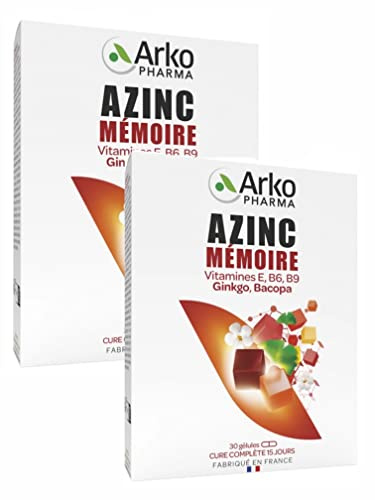 Arkopharma Azinc Mémoire Vit E, Vit B6, Vit B9, Ginkgo et Bacopa - Boite 30 Gélules - Lot de 2 Boites de 30 Gélules