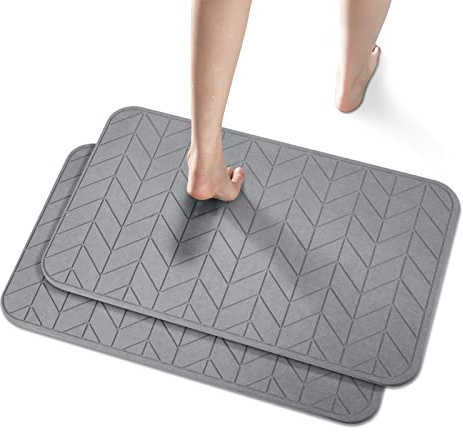 JUERLEN 2 Pack Diatomaceous Earth Shower Mat, Stone Bath Mat, Nonslip Super Absorbent Fast-Drying Hard Bath Mat for Bathroom Shower Floor, 24 x 16 inch, Grey Arrow Design