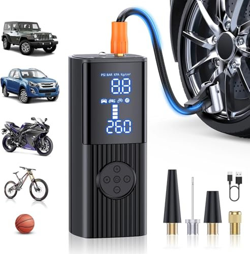 8000mAh Tragbare Elektronische Luftpumpe, 180PSI Akku Reifenpumpe mit Manometer/Digitalem LED-Display, Mini Kompressor mit USB/LED-Licht für Auto, Motorrad, Fahrrad, Bälle und Schwimmringe (Schwarz)