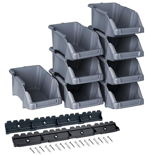 YPC Lot de 8 boîtes empilables - Gris - 16 x 9 x 7 cm - Avec support mural - Pour atelier et garage - Pour ranger vis et outils