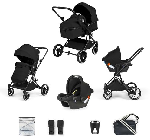 Ickle Bubba Atom 3 in 1 Travel System with Astral Car Seat, Compact Lightweight Pram & Pushchair from Birth to 22kg, Lie-Flat Seat, Rain Cover, Changing Bag & Cup Holder, Black