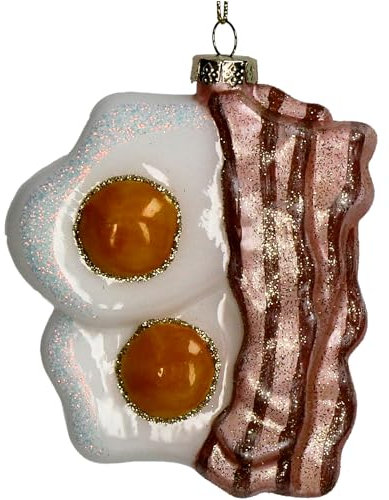 Christbaumschmuck Glas 10,2cm - Spiegelei mit Speck Figur zum Aufhängen - handbemalt & mit Glitzer - Weihnachtsbaum Anhänger für Weihnachten - Christbaumanhänger & Weihnachtsbaumschmuck - Essen Eier