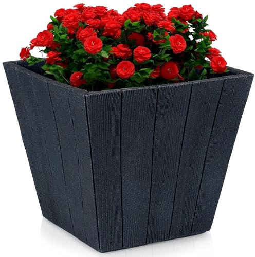 GEEZY Large Flower Pots - Wooden Pattern - Anthracite, Square, Lightweight & Weatherproof – Indoor & Outdoor Use for Flowers & Plants - Large Garden Pots and Planters for Home, Patio & Garden