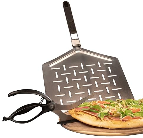 AGG Perforated Pizza Peel - 13x12 inch Stainless Steel Pizza Paddle with Scissors - Foldable Metal Pizza Shovel for Home Oven & Outdoor Grill - Essential Pizza Making Accessories Set