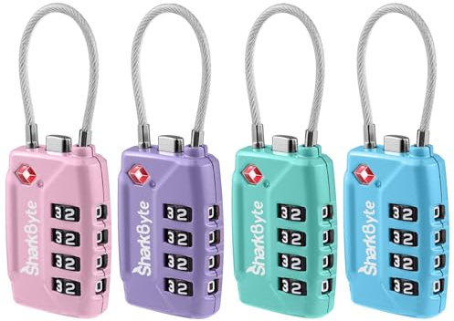 SharkByte TSA Approved Suitcase Locks - 4-Dial Security Travel Combination Padlock, Flexible Cable Wire Travel Lock for Suitcases, Luggage locks, Case Travel Bag Gym Locker Code Small PadLock (4 Pack)