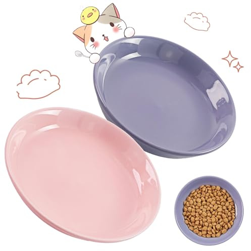 Katzennapf Keramik Set, 2 Stück Flacher Futternapf für Katzen und Kätzchen, Anti-Whisker-Fatigue Katzenschüssel zur Schonung der Schnurrhaare, Hygienisch Katzenteller für Futter und Wasser (15 x 3 cm)