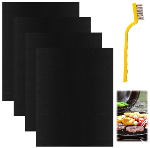 BBQ Grillmatta för gasgrill, uppsättning om 4 återanvändbara bakfolie för ugn, non-stick grillmattor med borstar 40 x 33 cm, bakpapper återanvändbara, återanvändbara bakfolie för bakplåt, PFOA-fri