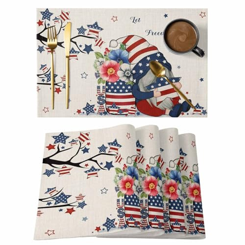 Placemats Set of 6, Independence Day Dwarfs Opium Poppy on Retro Linen Non-Slip Burlap Place Mats for Dining Table Kitchen Party Holiday Family Dinners 13x19in