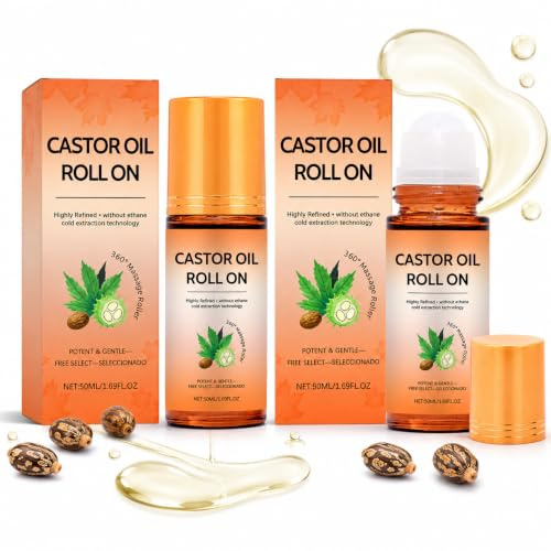 Vaethy Roll-on Castor Oil, 2 stycken organisk ricinolja med rosenkvartsrulle, ricinolja lämplig för alla hudtyper, för mage, hår, ansikte och kropp
