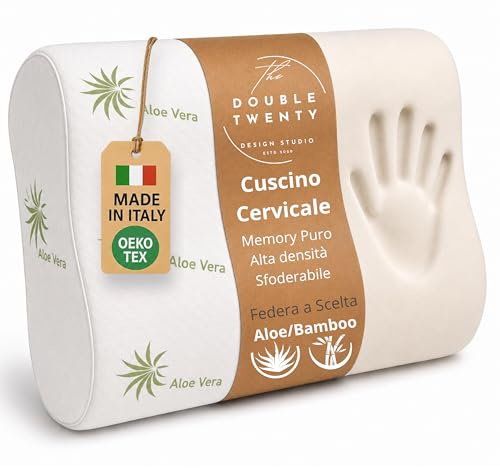 The Double Twenty Cuscino Cervicale per Dormire a Doppia Onda Elevato Supporto Collo - Guanciale Memory Foam Federa Lavabile in Aloe Vera - Cuscino Memory Foam Made in Italy Certificato Oeko Tex