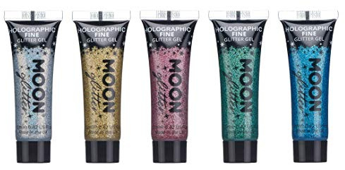 Holografiskt ansikte och kropp, glittergel från Moon Glitter – 12 ml – set med 5 färger – glitter ansiktsfärg