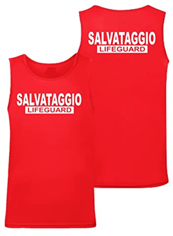 WIXSOO Canotta Salvataggio Lifeguard Rossa da Uomo con Stampa Fronte Retro (IT, Testo, M, Regular, Regular, Rosso)