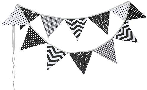 PREMYO Wimpelkette Kinderzimmer Unisex Stoff - 12 Wimpel Girlande Beidseitig - Babyzimmer Deko Schwarz Weiß