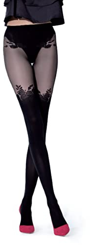 NOQ Stockings Imitation Tights Matt Semi Sheer Ladies Sexy Pantyhose Over-knee Pattern Office Date Patterned Outfit, Caprice Nero S