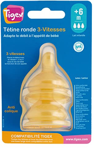 Tigex Round Latex-Fläschsauger 3 Geschwindigkeitsstufen Anti-Kolik-Sauger 6 + m 2 Stück, 80604543, bunt