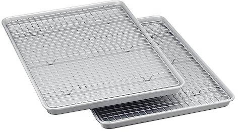 Amazon Basics Ceramic Nonstick Baking Sheets & Cooling Rack Set, Dishwasher Safe, Oven Safe, Half Sheet Size, Gray, 2-Pack