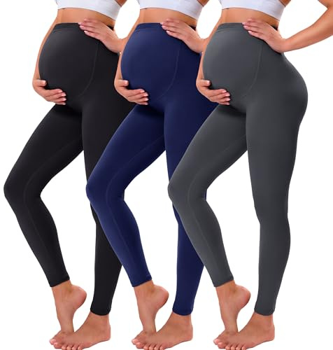 VALANDY Creamlush Legging de maternité taille haute réglable avec soutien du ventre doux et doux, Lot de 3 - noir/bleu marine/gris foncé, L
