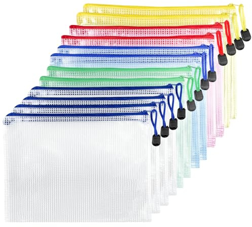 Fousenuk 12 Piezas Bolsa de Archivo de Cremallera A3, Impermeable Bolsas de Documentos de Malla, Bolsas de Plastico con Cierre Cremallera, Zip Folder para Recibos, Oficina, Viaje, Escolar, 5 Colores