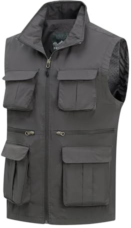 MeiLayM Uomo All'aperto Gilet da Pesca con Multi-Tasche Traspirante Asciugatura Rapida Sportivo Giacca Viaggio Casual Gilet Leggeri Traspirante Senza Maniche Fotografi Caccia Grigio,S