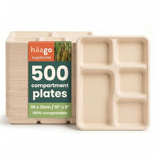 HAAGO 500 Compartment Plates - Sugarcane Bagasse 5 Compartment Food Trays, 21x26cm - Biodegradable & Home Compostable - Perfect Party Plate for Outdoor Events & Schools Disposable Plates for Hot Food