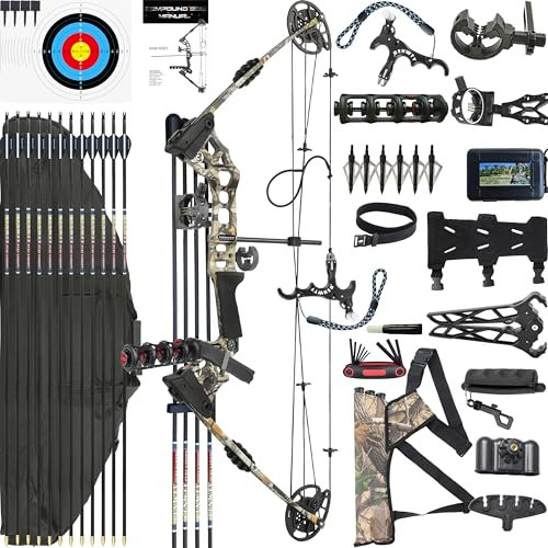 CENWTY 20-70 LBS Compoundbogen Set PRO Erwachsene Bogenschießen Jagdbogen Bogenfischen Compound Bogen und Pfeil Set mit Zubehör für Jagd Zielschießen Praxis Links & Rechtshänd (Tarnfarbe Rechtshänder)