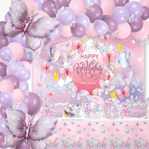 Farfalle decorative Palloncini, 151 pezzi Stoviglie per Festa di Farfalla E Farfalle Decorative,Arco Palloncini Compleanno con Farfalla Palloncini e 3D Farfalle Adesivi, Palloncini per Matrimonio E