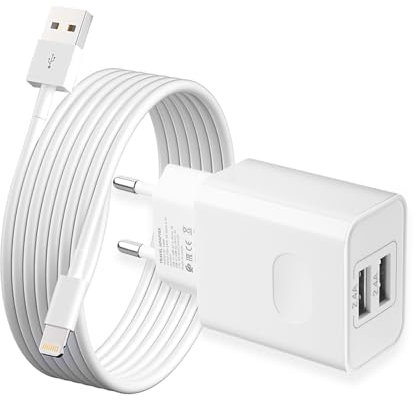 Cargador iPhone, 【Certificado MFi Apple】12 W 2 puertos USB Cargador con cable compatible con iPhone 14 13 12 11 Pro Max Plus Mini XS XR X SE 8 7 6S Pad Carga Batería, Toma USB Alimentador