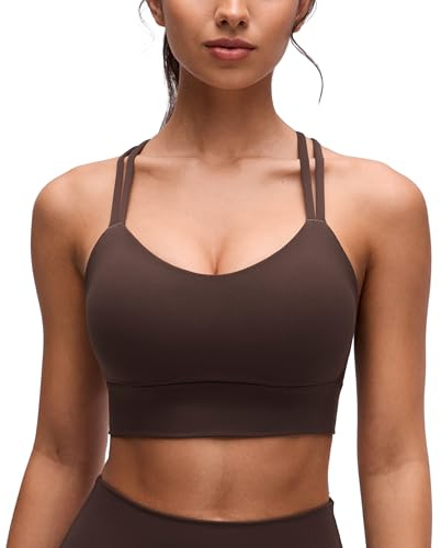 CRZ YOGA Butterluxe Women's Strappy Sports Bra Molded A-D Cup Criss Cross Yoga Bra Padded Longline Workout Crop Top Hot Fudge Brown M